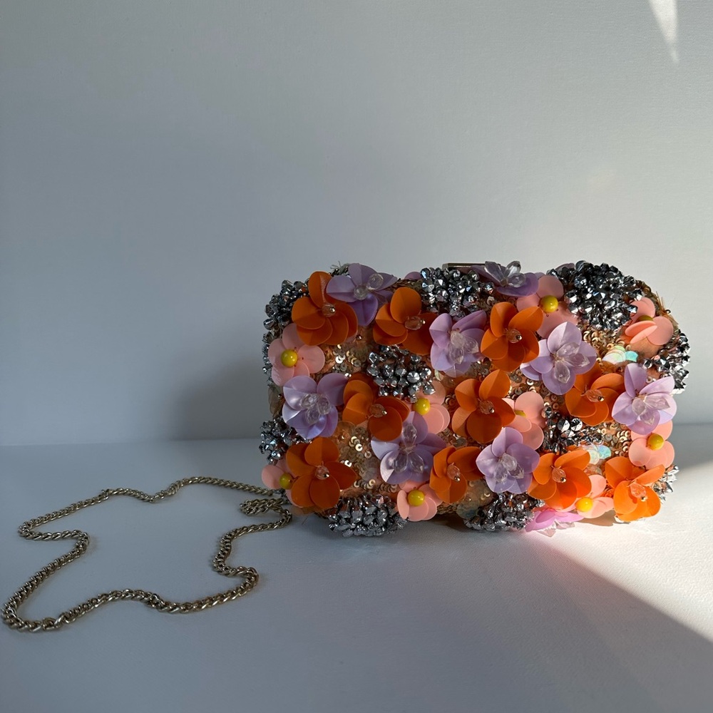 Floral Embellished Evening Clutch in Orange & Lavender